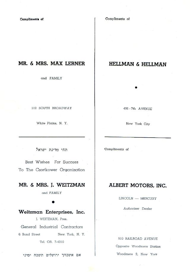 SOUVENIR JURNAL UNITED CZORTKOWER RELIFE SOCIETY 1952 USA - 0033
