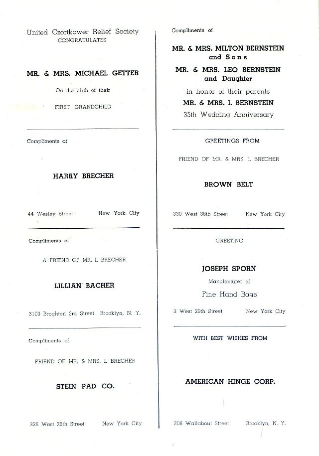 SOUVENIR JURNAL UNITED CZORTKOWER RELIFE SOCIETY 1952 USA - 0042